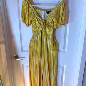 Yellow striped flare leg full length off the shoulder romper size S
